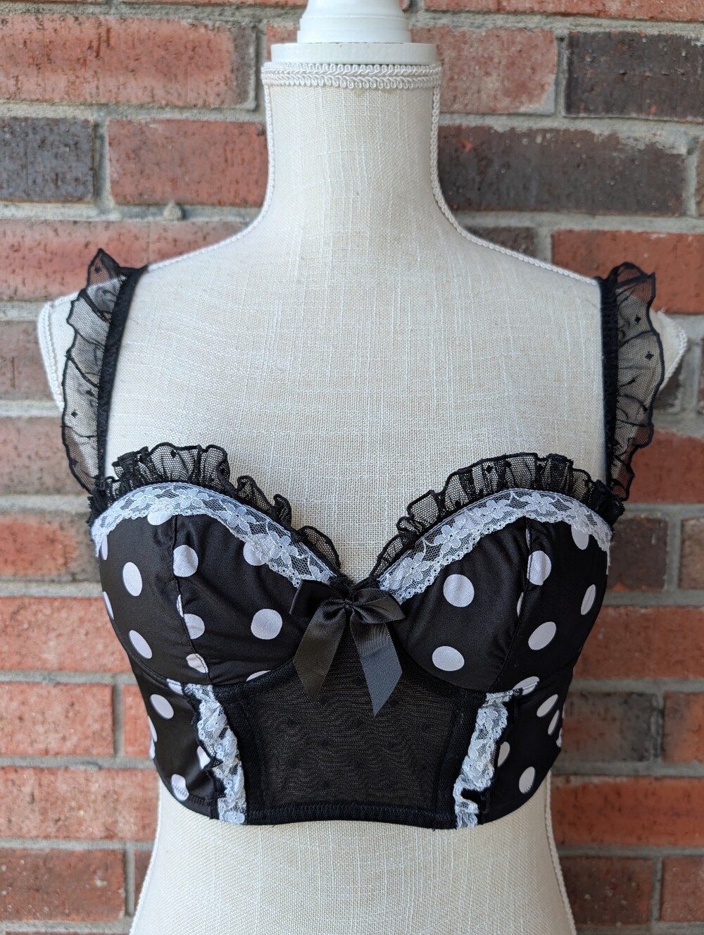 🖤 Vintage Y2K Victoria's Secret Sexy Black Polka Dot Lace Trim Bustier Bra, 34B